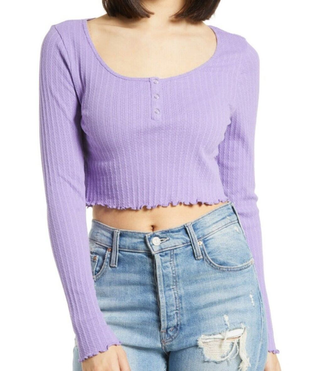NWT BP Henley Lettuce-Edge Long Sleeve Crop Top Sz XL/Extra Large Purple Paisley